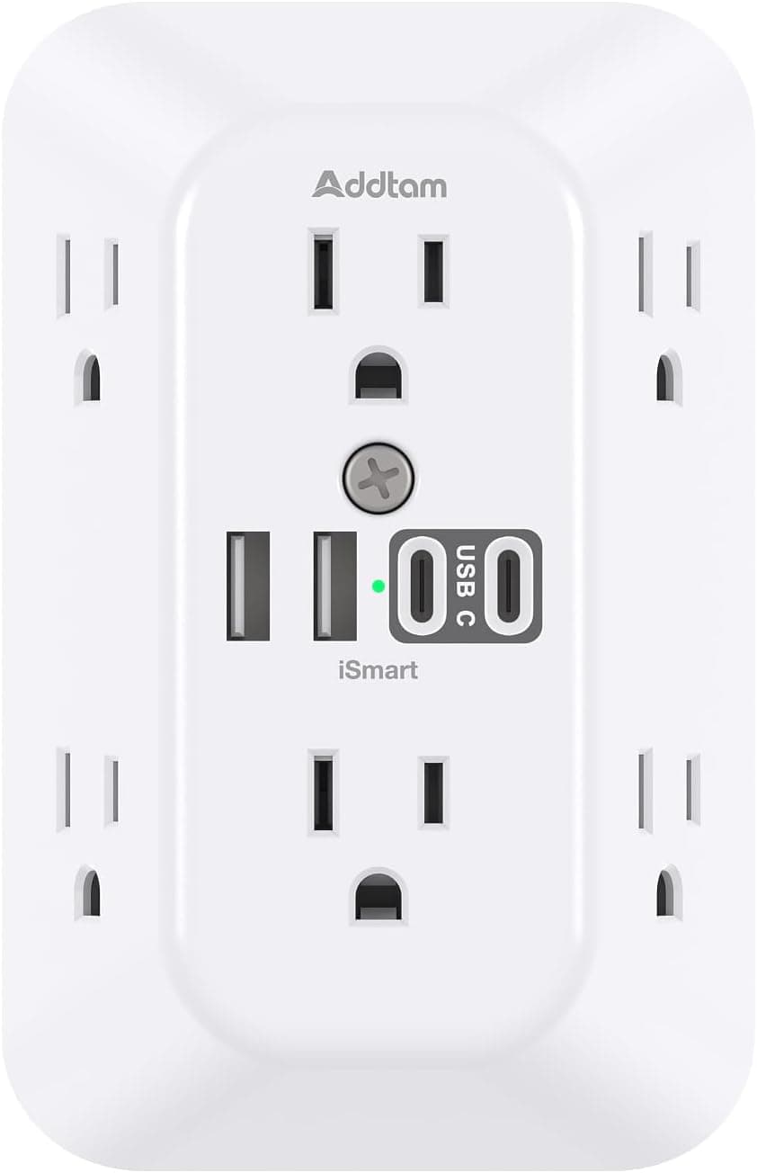 Addtam Surge Protector Outlet Extender, 6-Outlet Splitter with 4 USB Wall Charger(2 USB-C Ports), Multi Plug Wall Outlet 1800J Power Strip for Home Office Dorm Room Essentials