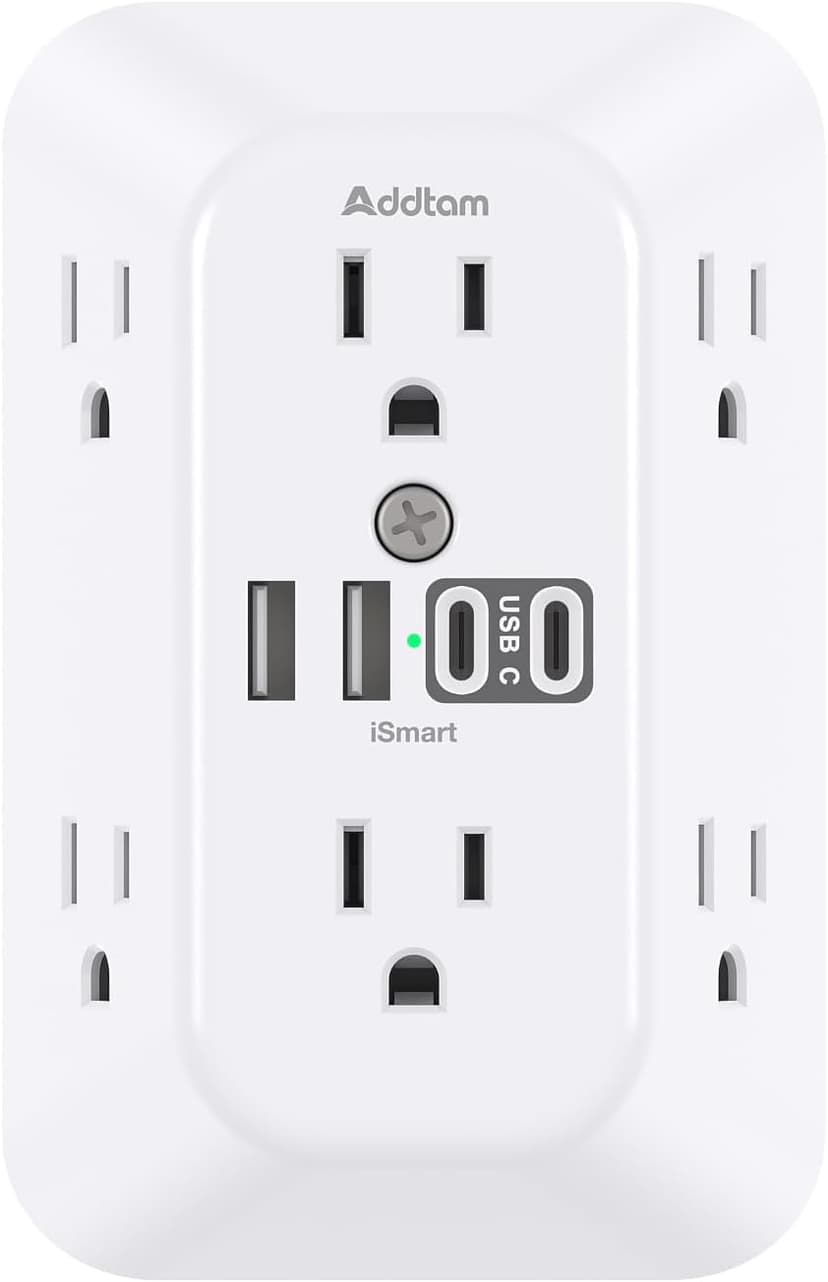Addtam Surge Protector Outlet Extender, 6-Outlet Splitter with 4 USB Wall Charger(2 USB-C Ports), Multi Plug Wall Outlet 1800J Power Strip for Home Office Dorm Room Essentials