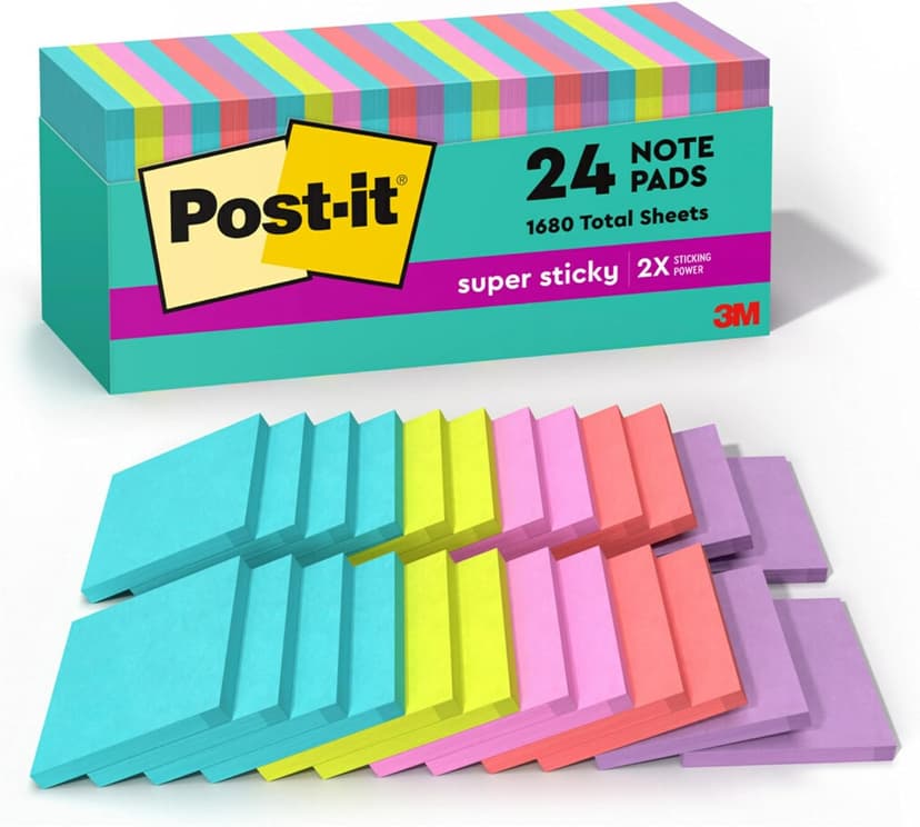 Post-it Super Sticky Notes, 76.2 mm x 76.2 mm, 24 Pads, 2X The Sticking Power, Supernova Neons, Bright Colors, Recyclable