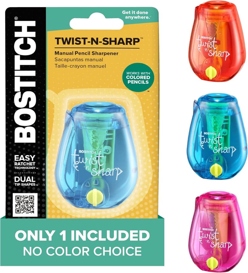 Bostitch Office Pencil Sharpener, One Assorted Color, Twist-n-Sharp, Kids & Colored Pencils, (PS1-ADJ)