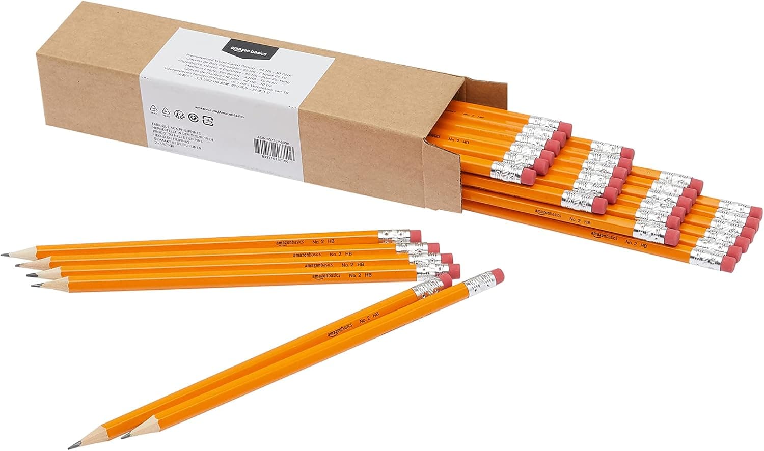 Amazon Basics Woodcased Classroom 2 Pencils with Erasers, Pre-sharpened, HB Lead, Value Pack of 30 count, Orange