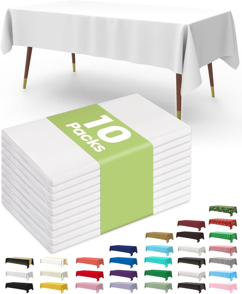 Pureegg Plastic Table Cloth Disposable 10 Pack, 54 x 108 Inch Table Cloths, Party, Picnic, Wedding, Decorative Tablecloths, Rectangle, White Plastic Cover, Leakproof & Sturdy, White