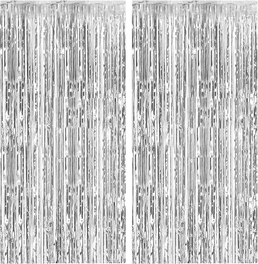 2 Pack Foil Curtain Backdrop Silver Metallic Tinsel Foil Fringe Curtains Photo Booth Props for Birthday Wedding Engagement Baby Shower Bachelorette Christmas Holiday Celebration Party Decorations