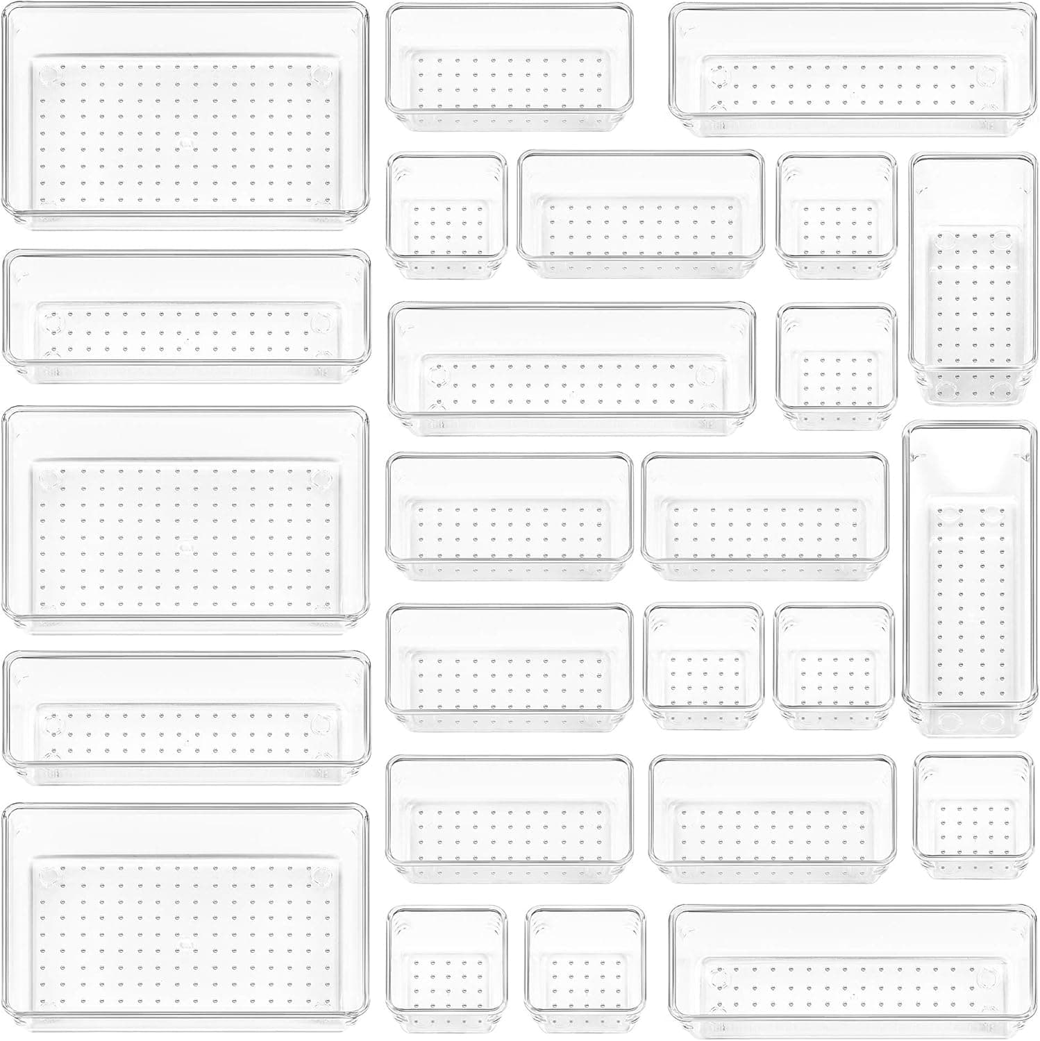 Vtopmart 25 PCS Clear Plastic Drawer Organizers Set, 4-Size Versatile Bathroom and Vanity Drawer Organizer Trays, Storage Bins for Makeup, Bedroom, Kitchen Gadgets Utensils and Office