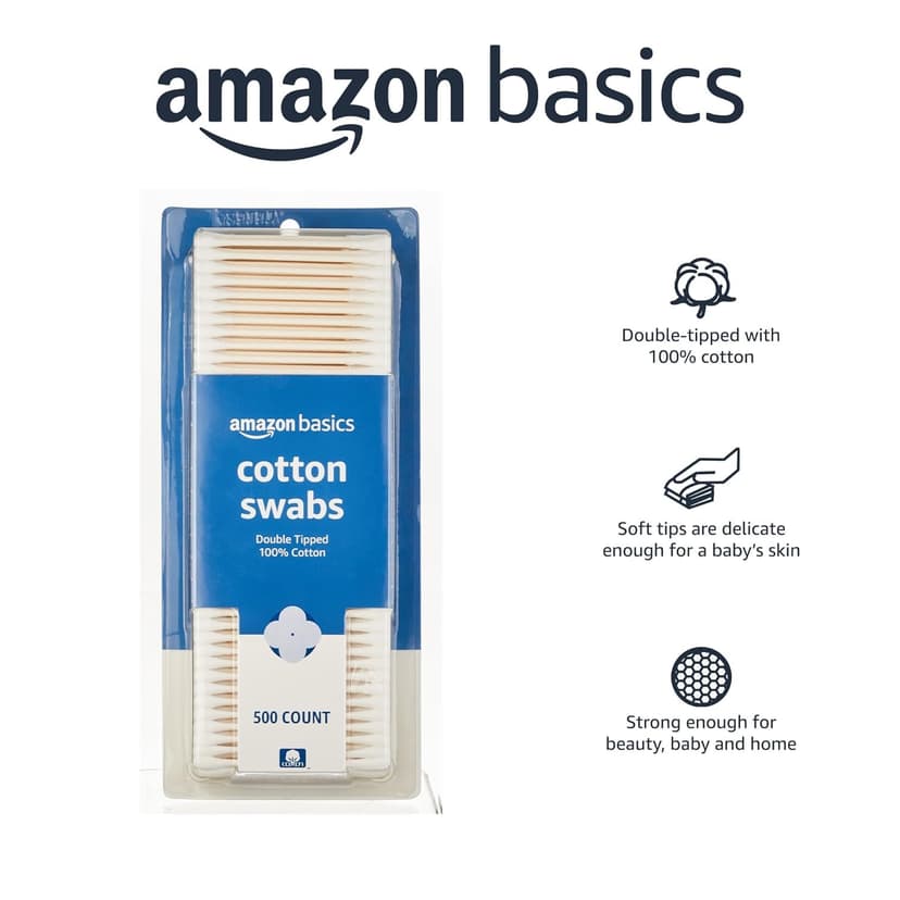 Cotton swabs (500-count) Double tipped 100% cotton Soft and gentle for baby's skin Great for beauty, baby, and home If you like Q-Tip cotton swabs, we invite you to try Amazon Basics Cotton Swabs Running low? Use your Echo device or Alexa on the Amazon app to reorder by voice. Just say "Alexa, reorder Amazon Basics Cotton Swabs."Amazon Basics Cotton Swabs for Personal Hygiene and Baby Care, 500 Count, 1 Pack