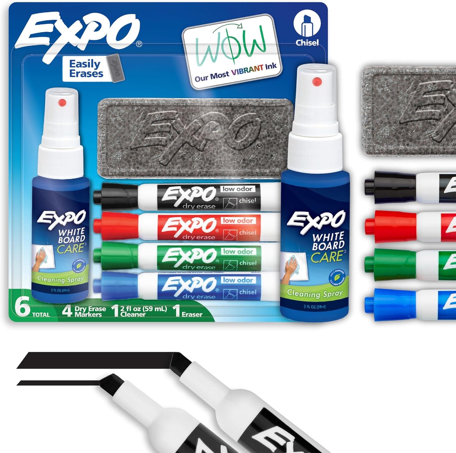 EXPO Dry Erase Markers Kit, Chisel Tip, Assorted Colors, Eraser, Spray Cleaner, 6 Count - Whiteboard, Calendar, Office Essentials, School, Classroom, Teacher Supplies