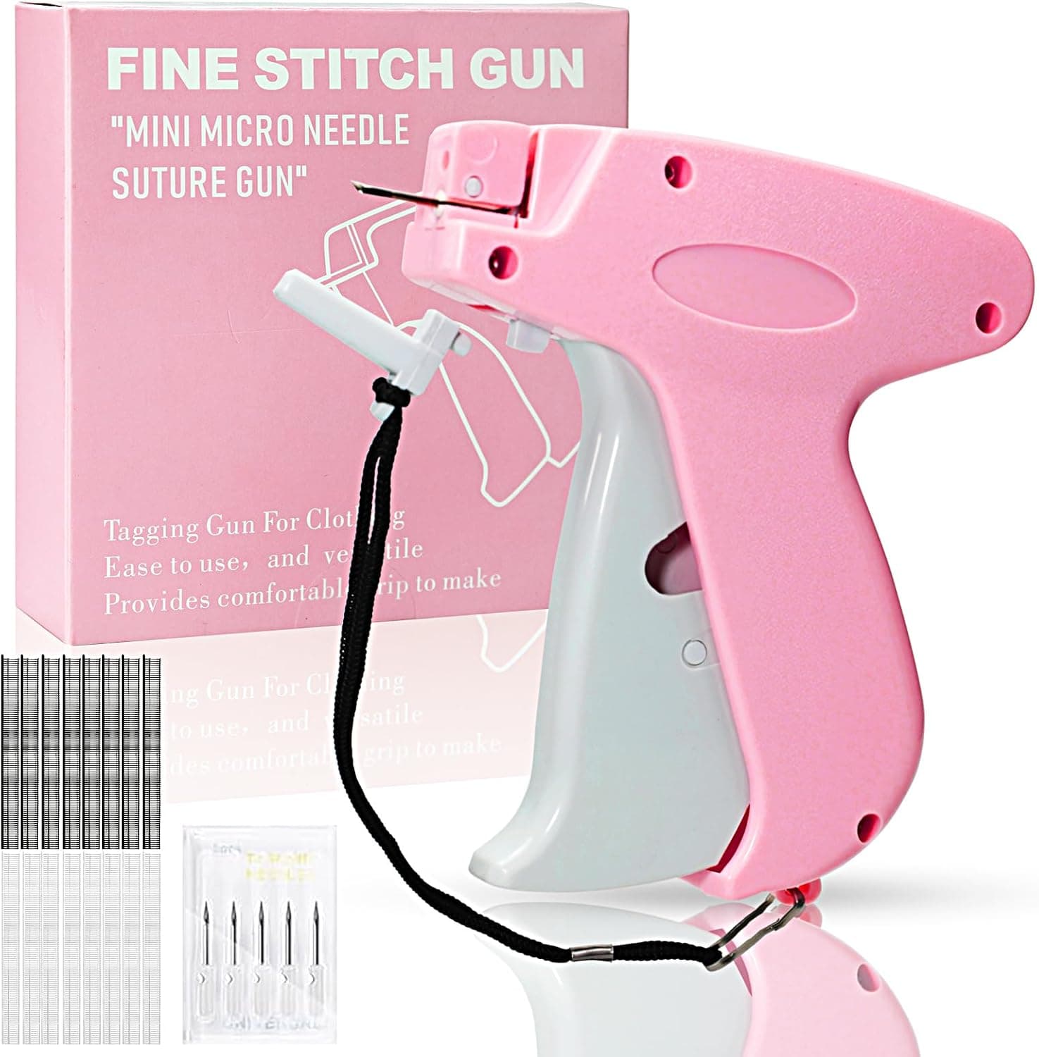 Stitch Gun for Clothes, Handheld Stitch Gun Quick Clothing Fixer,Sewing Kit Includes 1,000 Black Fasteners & 1,000 White Fasteners & 6 Needles,Tagging Gun(Pink)