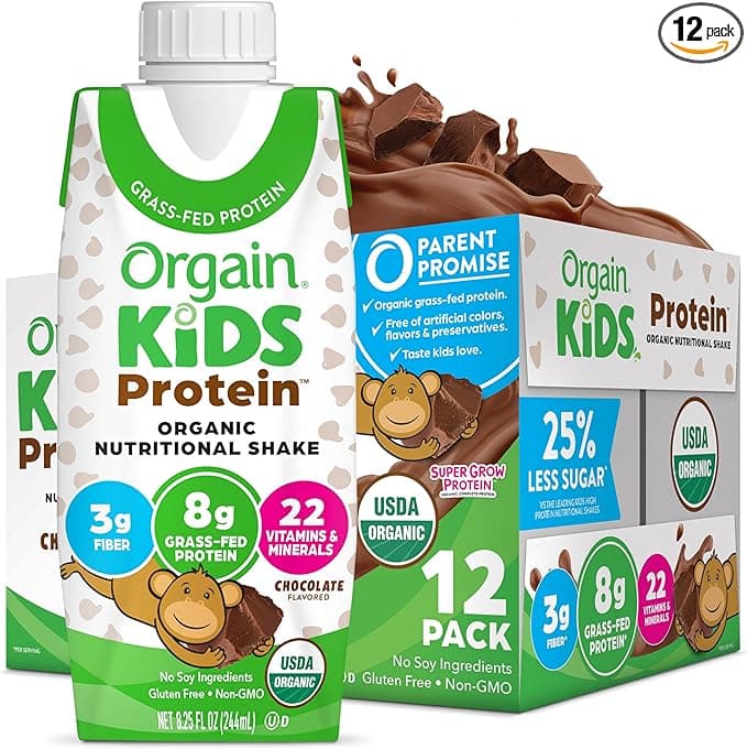 Orgain Organic Kids Nutritional Protein Shake, Chocolate, Healthy Kids Snacks, 8g Dairy Protein, 3g Fiber, 22 Vitamins & Minerals, No Soy Ingredients, Gluten Free, Non-GMO, 8.25 Fl Oz (Pack of 12)