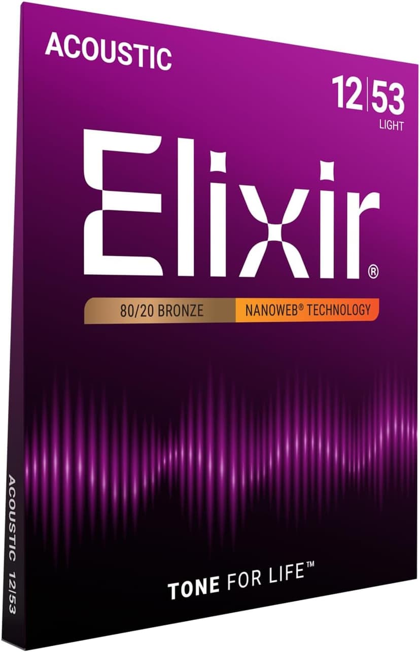 Elixir Strings, Acoustic Guitar Strings, 80/20 Bronze with NANOWEB Coating, Longest-Lasting Bright and Focused Tone with Comfortable Feel, 6 String Set, Light 12-53