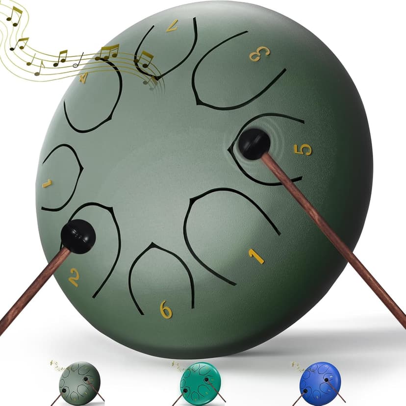 Rain Drum for Outside Garden, 6 Inches 8 Notes Steel Tongue Chakra Drums, Waterproof Meditation Rain Chime, Musical Instruments for Adult Gift with Bag, Music Book, Drum Mallets (Green)