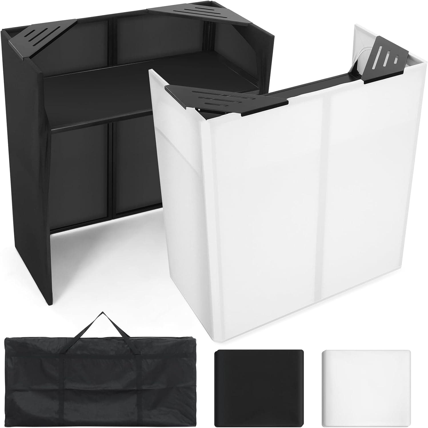 Portable DJ Facade Table Station, 44"x41"x21" DJ Event Booth Facade with Black & White Scrim, Metal Foldable Frame DJ Stand with Carrying Bag