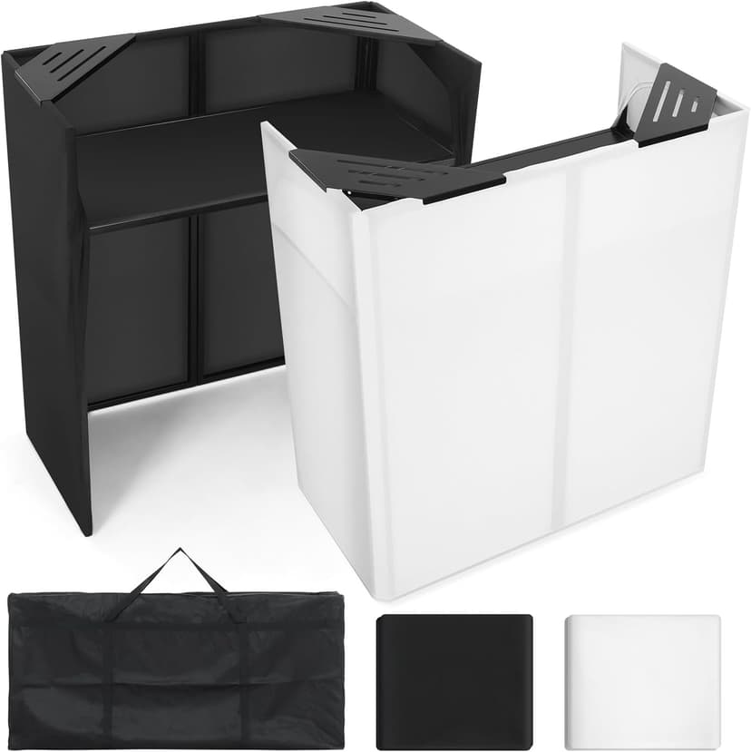 Portable DJ Facade Table Station, 44"x41"x21" DJ Event Booth Facade with Black & White Scrim, Metal Foldable Frame DJ Stand with Carrying Bag