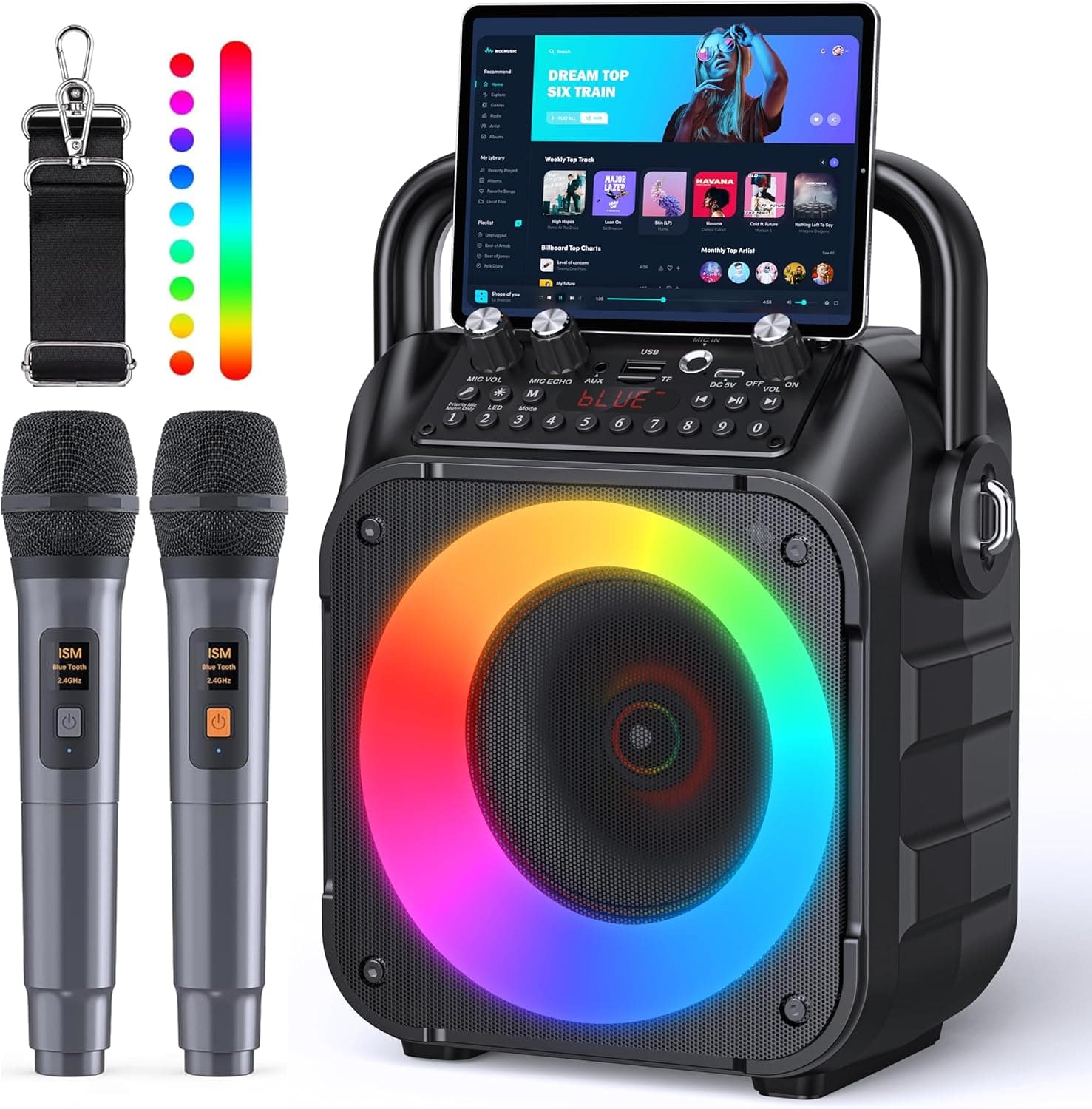 Karaoke Machine, Portable Bluetooth Speaker with 2 Wireless Microphones for Adults & Kids with Lights, Karaoke Microphone with PA System Supports USB/TF/FM/AUX for Home Party Home System Packages