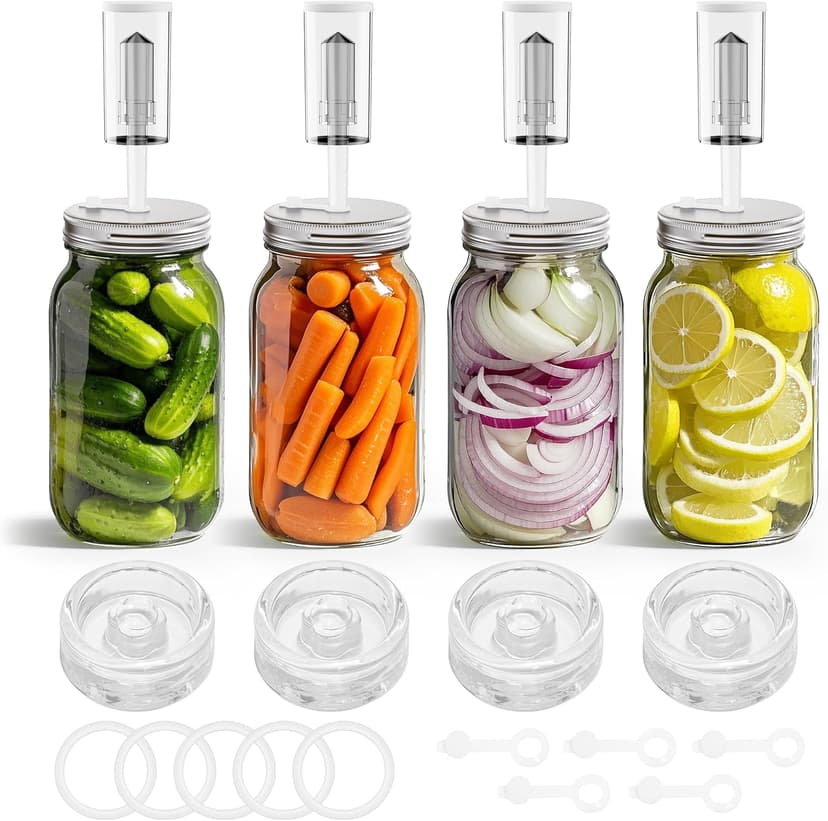 Fermentation Kit for Wide Mouth Mason fermentation Jar,pickling/sauerkraut kit with 4 Glass Fermentation Weights,4 Fermenting Lids,4 airlocks,5 Silicone Rings,5 Silicone Grommet ( No Jars )