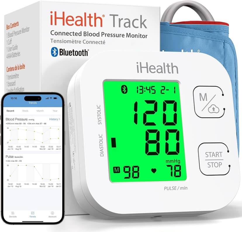 iHealth Track Smart Upper Arm Blood Pressure Monitor with Wide Range Cuff That fits Standard to Large Adult Arms, Bluetooth Compatible for iOS & Android Devices