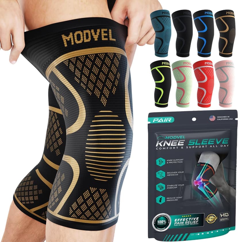 Modvel 2 Pack Knee Brace for Women & Men - Workout Knees Compression Sleeve for Knee Pain Relief Joint Support for ACL, Arthritis, Meniscus Tear Knees Brace for Sports, Rodilleras para Gym Fitness