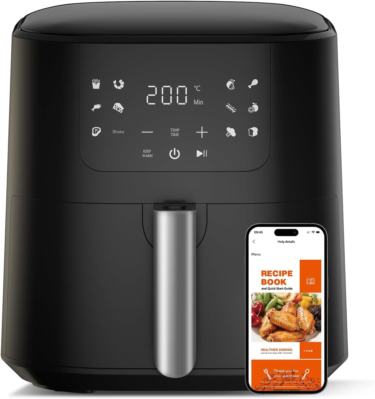 QIDO Air Fryer 8-in-1 with 5 QT Capacity,180°-450°F Precision Heating, Air Fry, Roast, Broil, Reheats, Dehydrates, Less Oil, Features Shake Reminder, Large Touch Display with Auto Menus, Compact Black