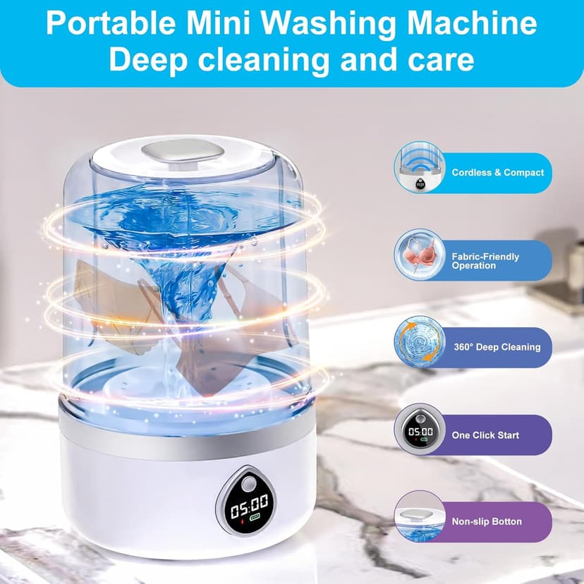 Portable Washing Machine, 1.5L Underwear Washer Rechargeable Cordless Makeup Sponges Cleaner Deep Clean Socks, Underwear, Baby Clothes, Washing Machine for Apartment, Dorm, Camping(White)