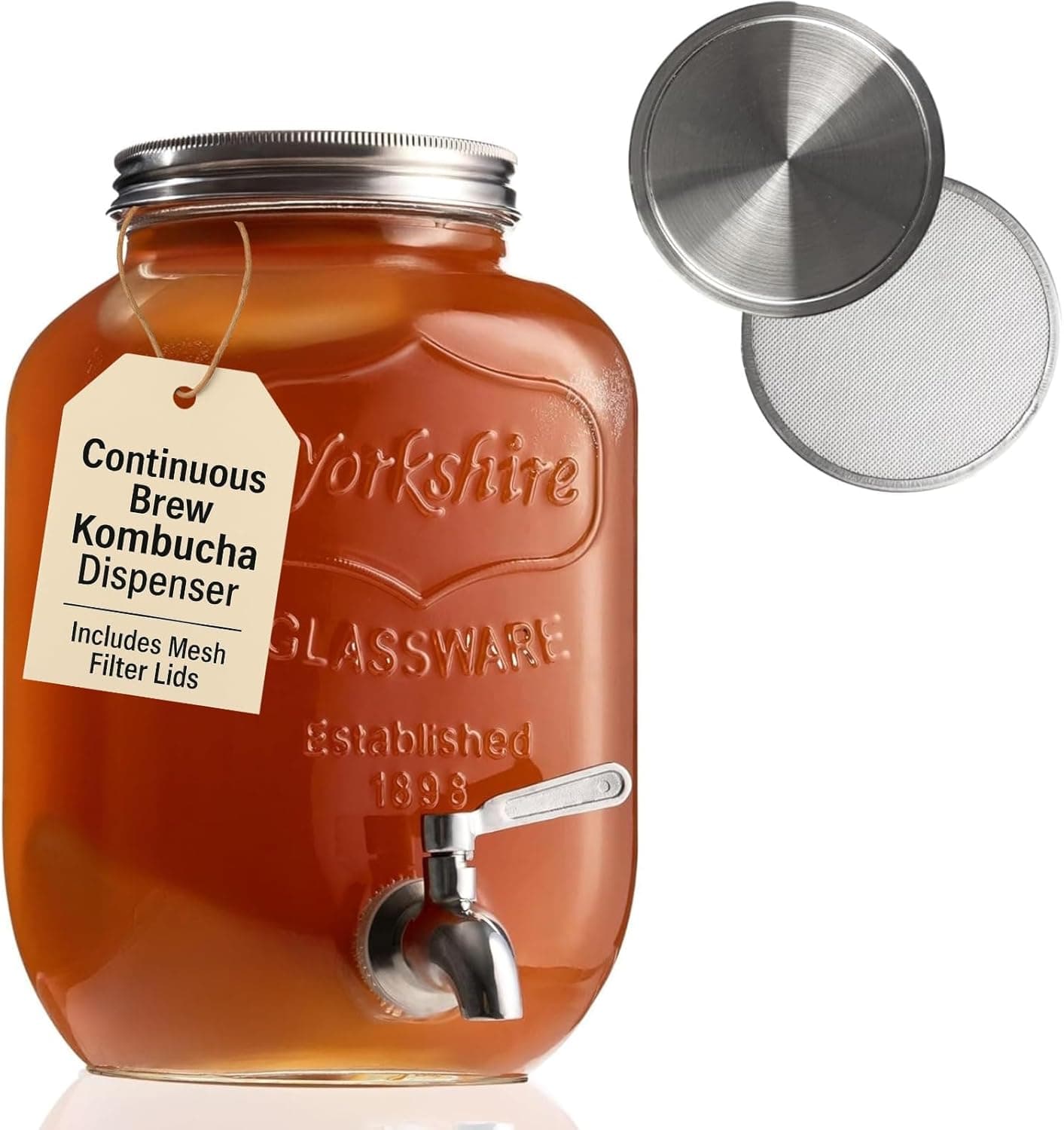 Kombucha Continuous Brewing Jar with Spigot - Gallon Glass Jar Dispenser & Scoby Starter Hotel with Mesh Lid & Airtight Lid - Designed by kitchentoolz for Home Fermentation
