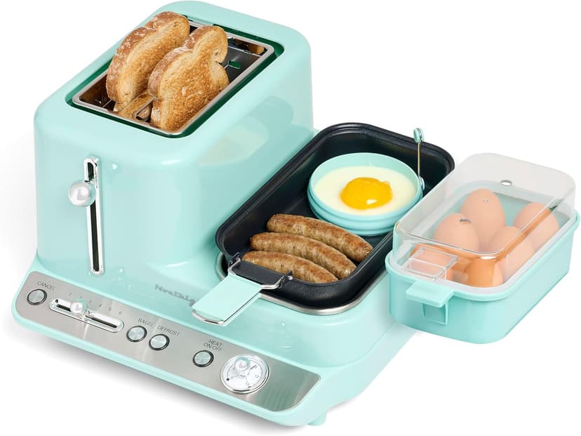 Nostalgia Classic Retro 3-in-1 Breakfast Station - Includes Egg and Veggie Steamer, Non-Stick Griddle, and Wide 2-Slot Toaster - Versatile Breakfast Maker Cooking Station with Toasting Control