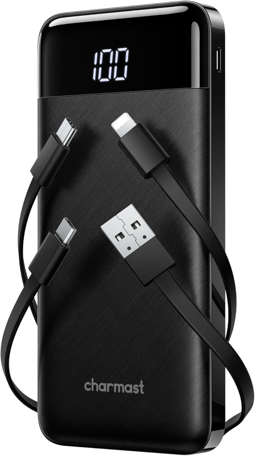 charmast Portable Charger with Built in Cables, Power Bank with Cords Wires, Slim 10000mAh Travel Battery Pack 6 Outputs 3 Inputs 3A Fast Charging for Samsung Google Pixel LG Moto iPhone iPad