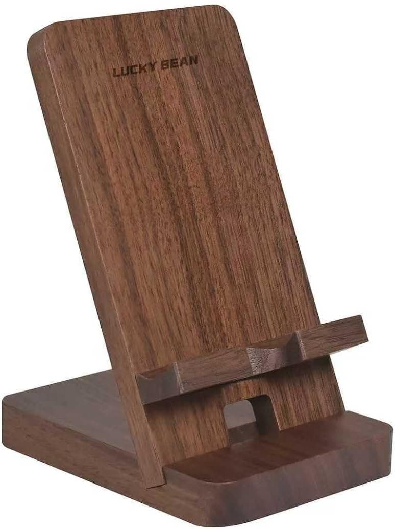LUCKY BEAN Wood Phone Stand, Desktop Wooden Phone Holder, Portable Office Phone Stand for Desk, Wood ipad Stand, Compatible with iPhone & All Cell Phones (Walnut)