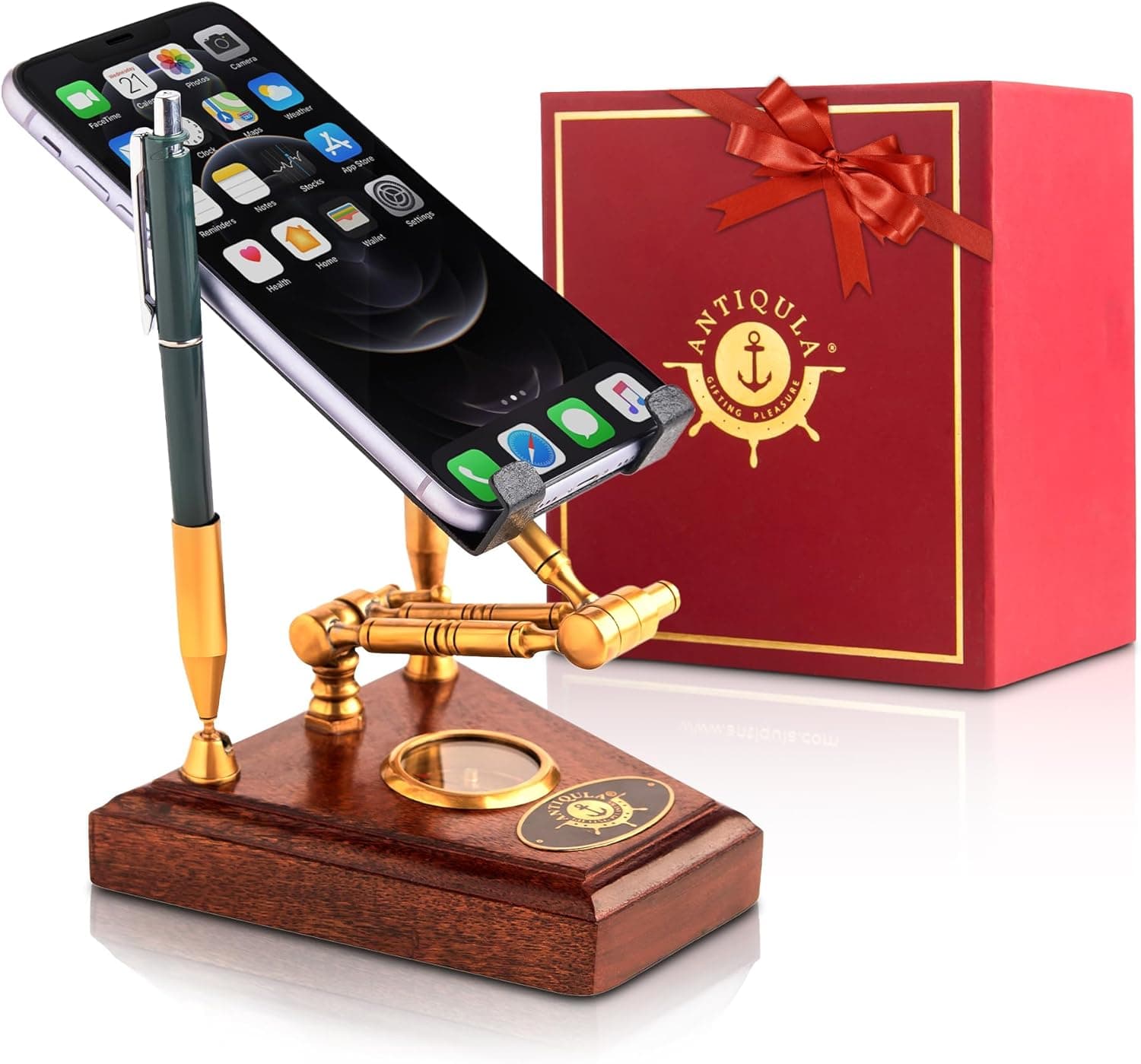 Wooden Mobile Phone Stand with Brass Pen & Compass – Vintage Desk Organizer, Multifunction Smartphone Holder for Office, Home & Study – Unique Gift for Men, Women, Dad, Mom, Birthday and Christmas