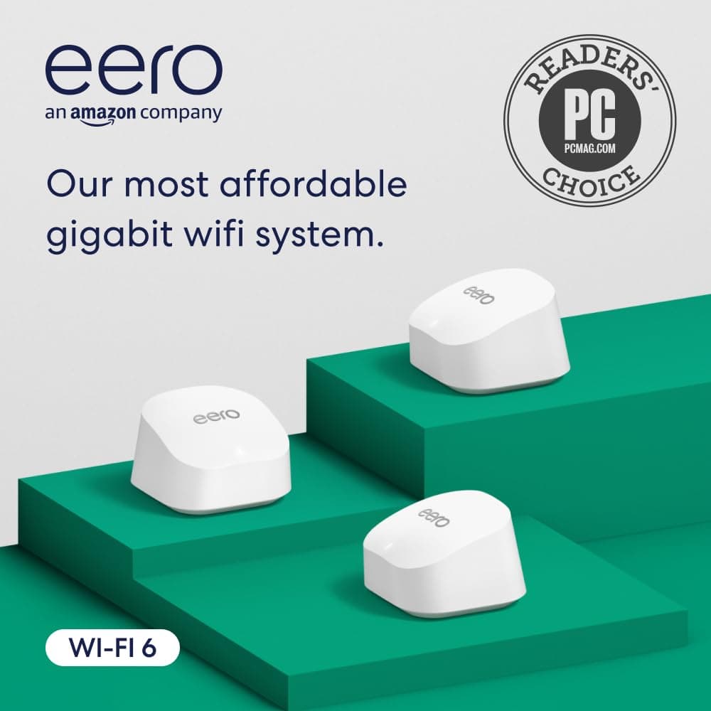 Amazon eero 6+ mesh wifi system - Supports internet plans up to a Gigabit, Coverage up to 4,500 sq. ft., Connect 75+ devices, 3-pack