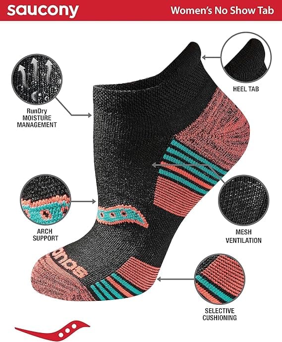 Saucony Women's RunDry Performance Heel Tab Athletic Socks, Available in S-L (8, 16, 24 Pairs)