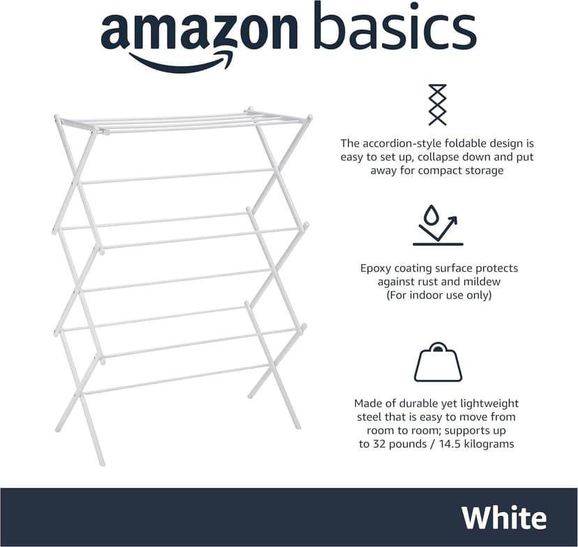 Amazon Basics Foldable Portable Laundry Rack for Air Drying Clothing, Indoor Outdoor Use - 14.5" D x 29.5" W x 41.8" H, White