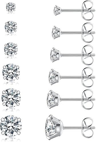 6 Pairs Stud Earrings Set, Hypoallergenic Cubic Zirconia 316L Earrings Stainless Steel CZ Earrings 3-8mm (Steel color)
