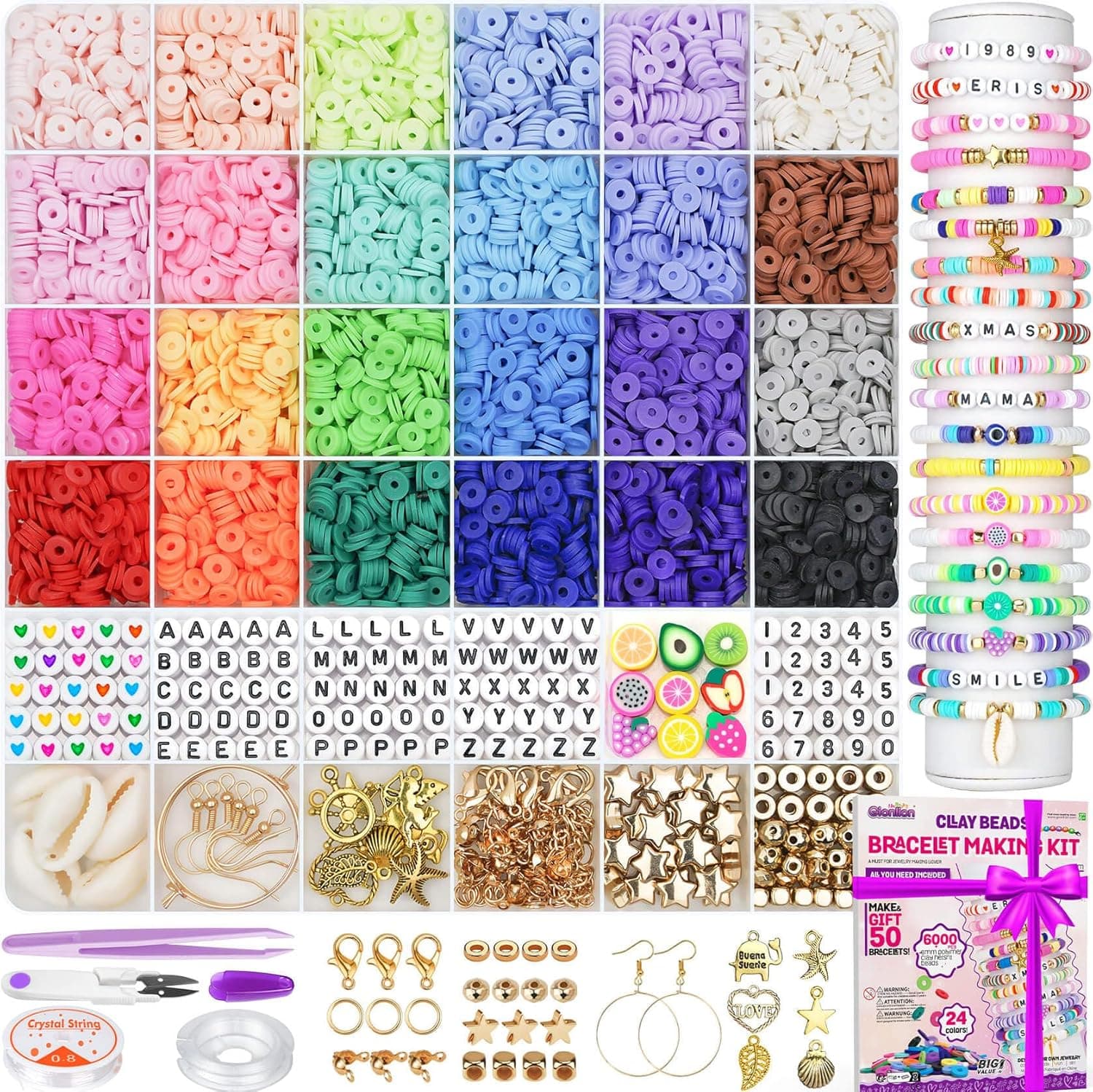 Gionlion 6000 Clay Beads Bracelet Making Kit, 24 Colors Flat Preppy Beads for Friendship Bracelets, Polymer Clay Bead with Charms for Jewelry Making, Crafts Gifts for Girls Ages 6-12