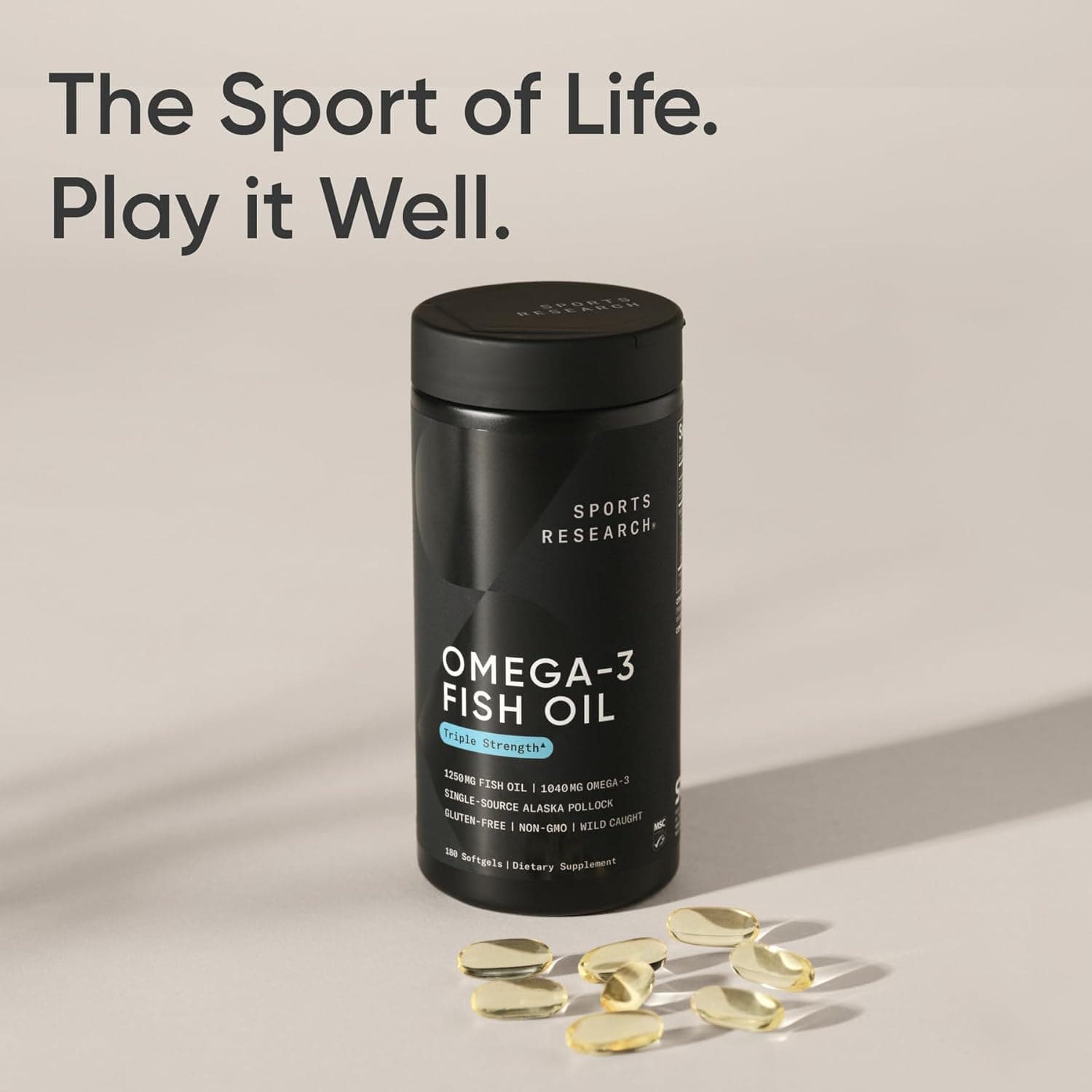 Sports Research® Omega-3 Fish Oil 1250 - Triple Strength Fish Oil Supplement from Wild Alaska Pollock - MSC Certified Sustainable · Non-GMO · Soy Free - 180 Softgel Capsules