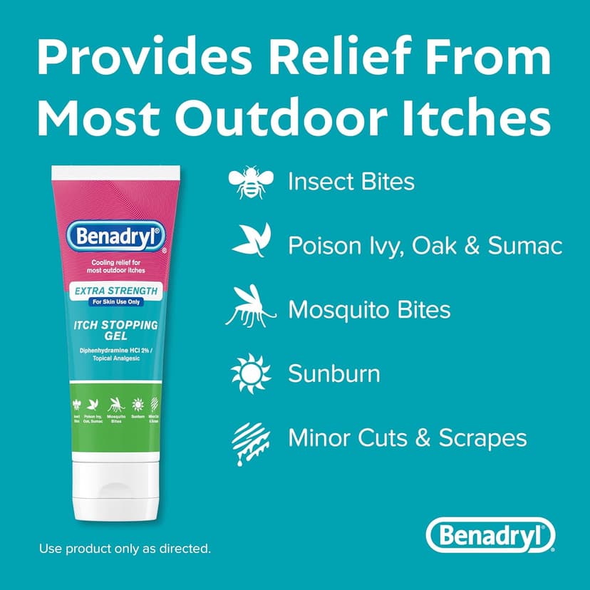 Benadryl Extra Strength Anti Itch Relief Gel, 2% Diphenhydramine HCl, Relief from Insect Bites, Sunburn & More, Great for Camping Essentials, 3.5 fl oz