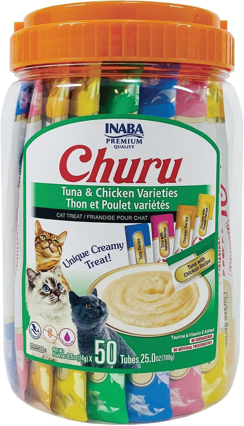 INABA Churu Cat Treats, Grain-Free, Lickable, Squeezable Creamy Purée Cat Treat/Topper with Vitamin E & Taurine, 0.5 Ounces Each Tube, 50 Tubes, Tuna & Chicken Variety