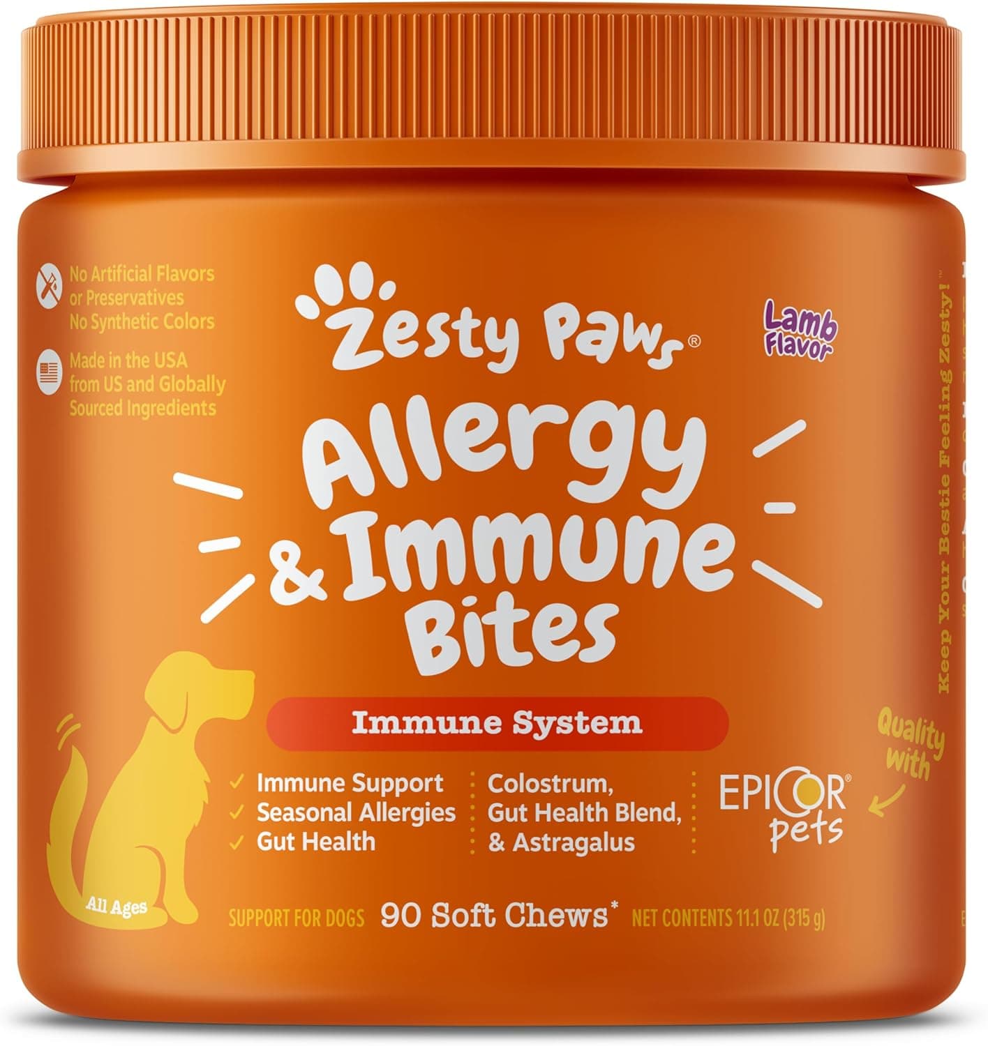 Zesty Paws Dog Allergy Relief Chews, Dog Probiotics for Itchy Skin and Ears, Lamb, 90ct