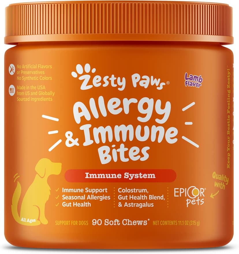 Zesty Paws Dog Allergy Relief Chews, Dog Probiotics for Itchy Skin and Ears, Lamb, 90ct